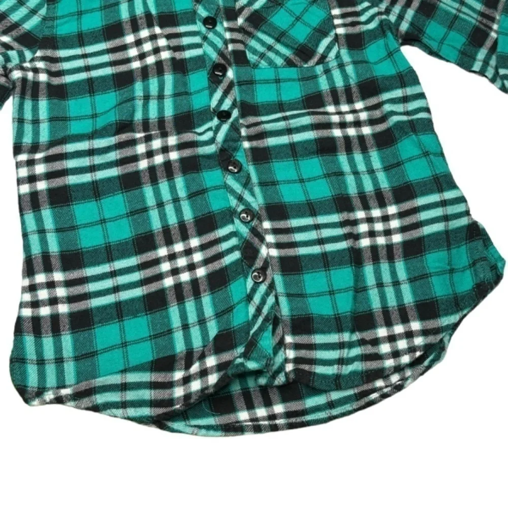 Justice Girls Top Size 7 Teal Black White Plaid Long Sleeve Button Down Shirt